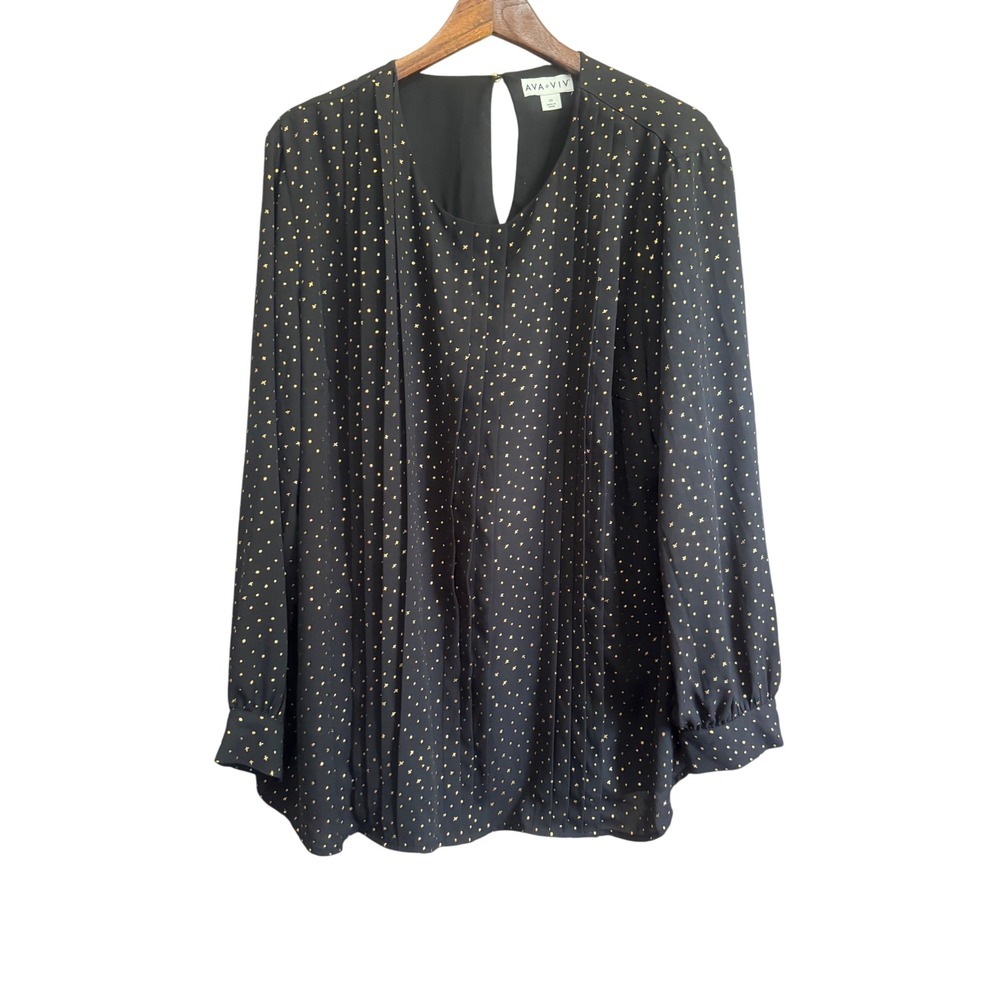 Ava & Viv Blouse Women 2X Black Gold Excellent Pleated Metallic Polka Dot